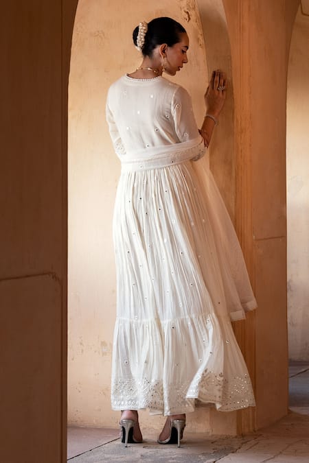 Shop_Preevin_Off White Cotton, Tulle, Net Thread And Work Angrakha Anarkali With Dupatta _at_Aza_Fashions