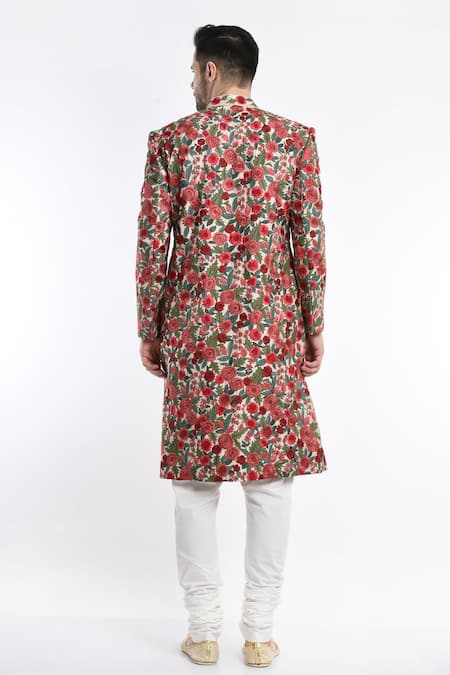 Shop_Samant Chauhan_Ivory Suede, Cotton Embroidery Floral Sherwani Set _at_Aza_Fashions