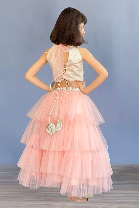 Shop Pinkcow designs pvt ltd Peach Brocade, Tulle Pearls Embellished And Draped Lehenga Set at Aza Fashions Shop_Pinkcow designs pvt ltd_Peach Brocade, Tulle Pearls Embellished And Draped Lehenga Set _at_Aza_Fashions