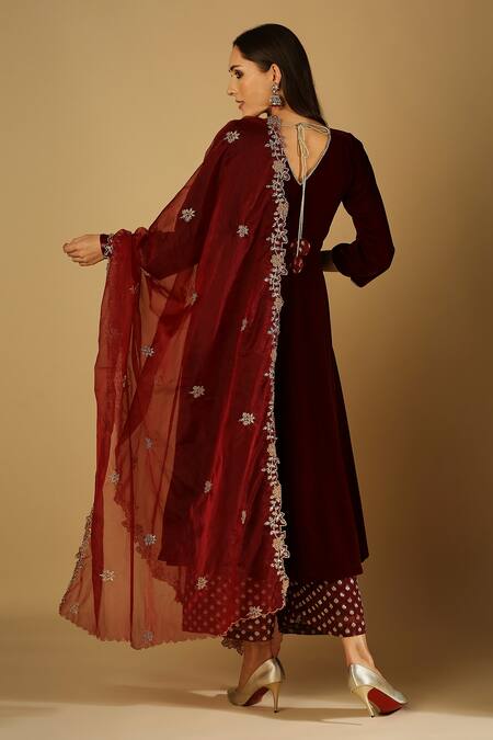 Shop_Monk & Mei By Sonia Anand_Maroon Velvet, Georgette, Organza Embroidery, Zareen A-line Kurta Palazzo Set _at_Aza_Fashions