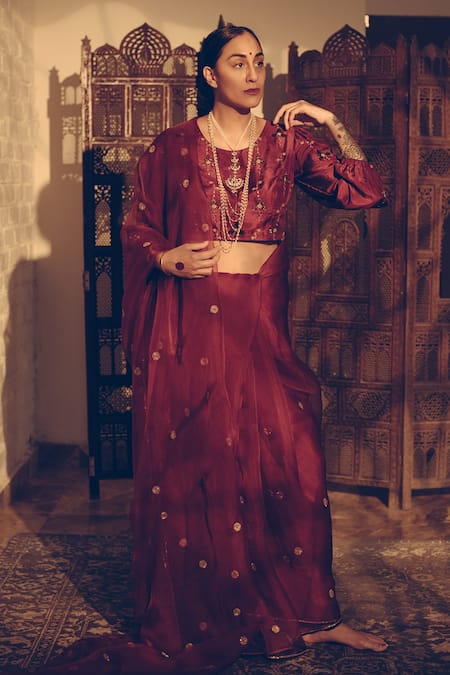 Shop Sarang Kaur Maroon Organza, Silk Sequins, Beads Crystal Butti Hand Embroidered Saree at Aza Fashions Shop_Sarang Kaur_Maroon Organza, Silk Sequins, Beads Crystal Butti Hand Embroidered Saree _at_Aza_Fashions