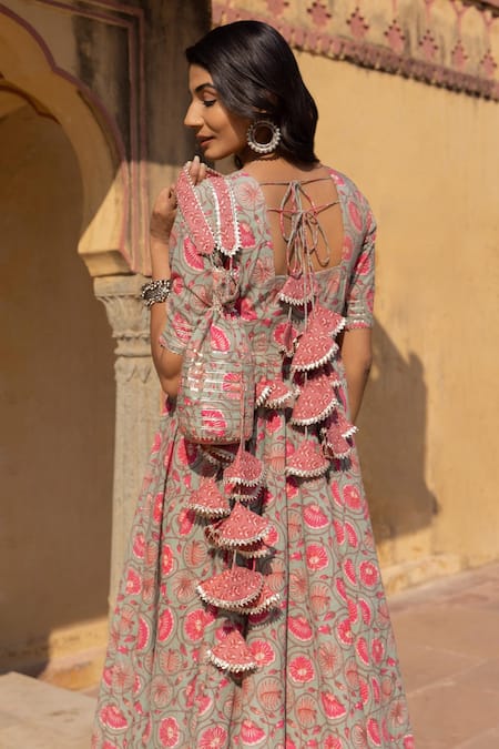 Shop_Pomcha Jaipur_Grey Cotton, Net Gota Patti, Embroidery Round Neck Aliza Printed Anarkali Set _at_Aza_Fashions