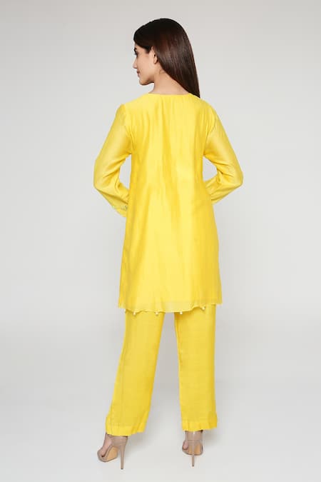 Shop Bha Sha Yellow Chanderi, Satin Mirrors Round Neck Embroidered Kurta Set at Aza Fashions Shop_Bha Sha_Yellow Chanderi, Satin Mirrors Round Neck Embroidered Kurta Set _at_Aza_Fashions