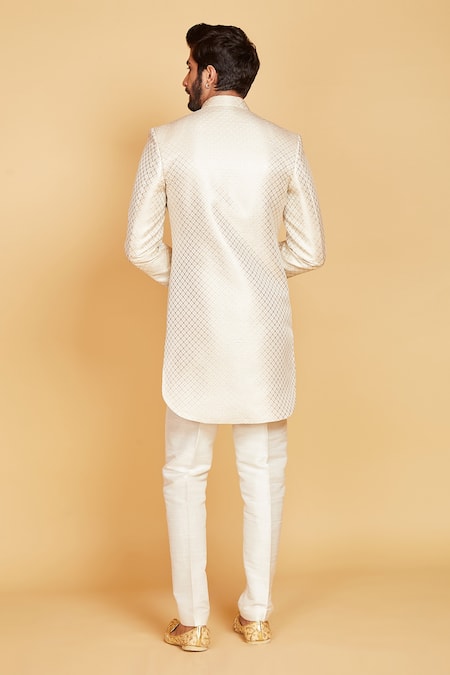 Shop Amrin Khan Cream Sherwani Banarasi, Silk Pant Check Pattern Set at Aza Fashions Shop_Amrin Khan_Cream Sherwani Banarasi, Silk Pant Check Pattern Set _at_Aza_Fashions