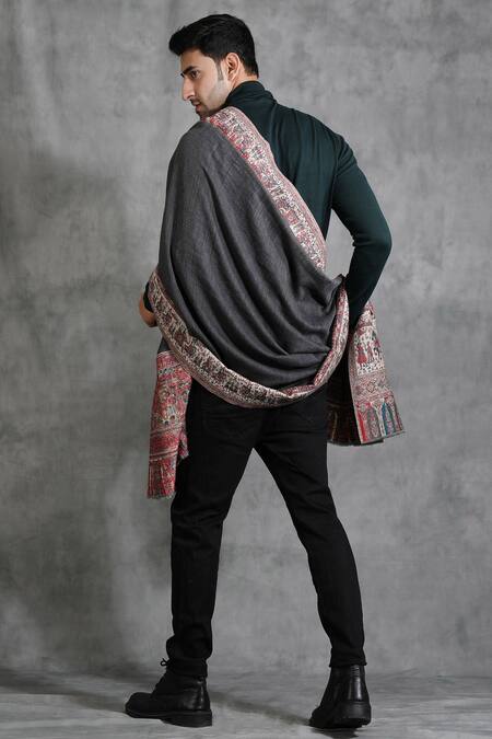 Shop Dusala Grey Woven Pashmina Wool Baraat Pattern Stole at Aza Fashions Shop_Dusala_Grey Woven Pashmina Wool Baraat Pattern Stole _at_Aza_Fashions