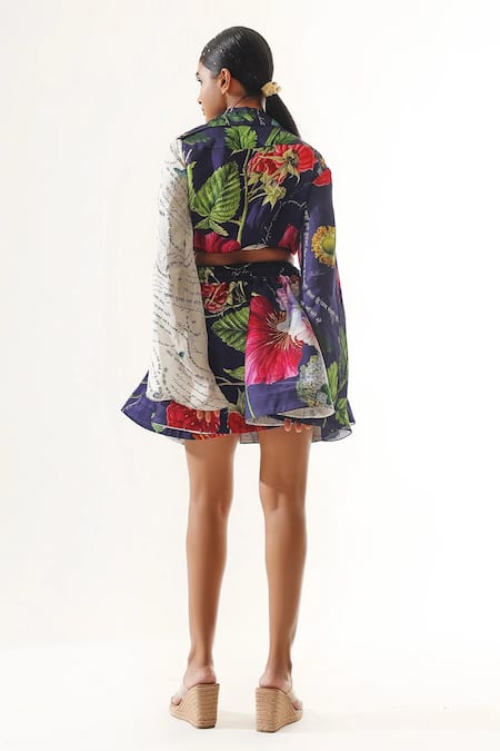 Shop Mahima Mahajan Blue Organza, Satin, Cotton Floral Print Short Skirt at Aza Fashions Shop_Mahima Mahajan_Blue Organza, Satin, Cotton Floral Print Short Skirt _at_Aza_Fashions