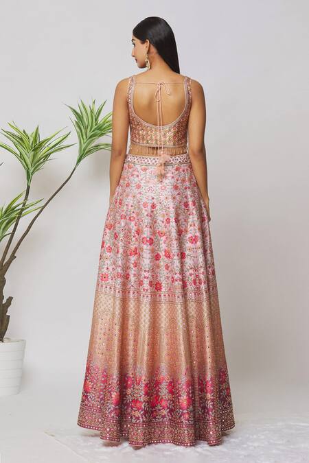 Shop Samyukta Singhania Peach Silk, Net Beads, Mirrors, Embroidery, Floral Hand Bridal Lehenga Set at Aza Fashions Shop_Samyukta Singhania_Peach Silk, Net Beads, Mirrors, Embroidery, Floral Hand Bridal Lehenga Set_at_Aza_Fashions