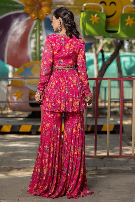 Shop Irrau By Samir Mantri Multi Color Chiffon Sequins, Beads, Cut Floral Stripe Print Kurta And Gharara Set at Aza Fashions Shop_Irrau By Samir Mantri_Multi Color Chiffon Sequins, Beads, Cut Floral Stripe Print Kurta And Gharara Set _at_Aza_Fashions