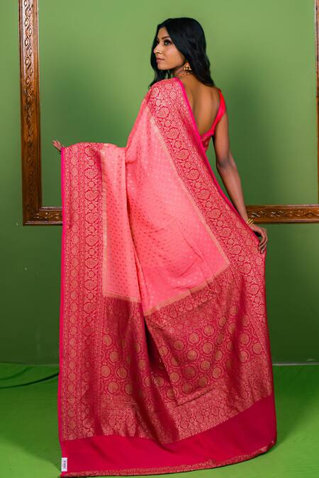 Shop_Naaritva India_Coral Handloom Cotton, Floret Handwoven Banarasi Saree With Running Blouse _at_Aza_Fashions