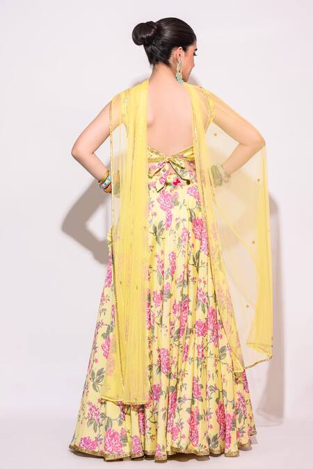 Shop_Aangan by Parul_Yellow Silk And Embroidery Floral Leaf Neck Lehenga Set _at_Aza_Fashions