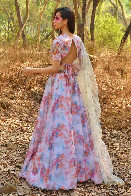 Shop Disha Kahai Multi Color Organza, Net Beads, Sequins, Mirrors Butterfly Print Lehenga Set at Aza Fashions Shop_Disha Kahai_Multi Color Organza, Net Beads, Sequins, Mirrors Butterfly Print Lehenga Set_at_Aza_Fashions