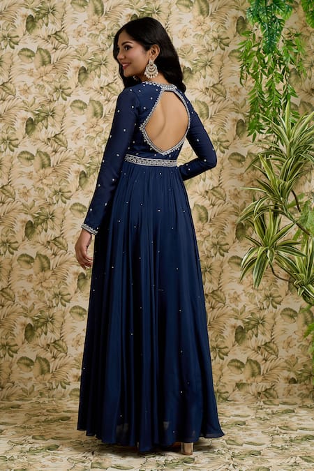 Shop Aariyana Couture Blue Viscose, Modal, Net Sequins, Beads Plunge Neck And Work Anarkali Set at Aza Fashions Shop_Aariyana Couture_Blue Viscose, Modal, Net Sequins, Beads Plunge Neck And Work Anarkali Set_at_Aza_Fashions