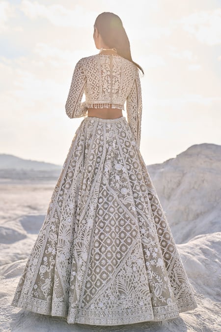 Seema Gujral_Ivory Net Embroidery Thread Plunge V Pearl Bridal Lehenga Set _Online_at_Aza_Fashions