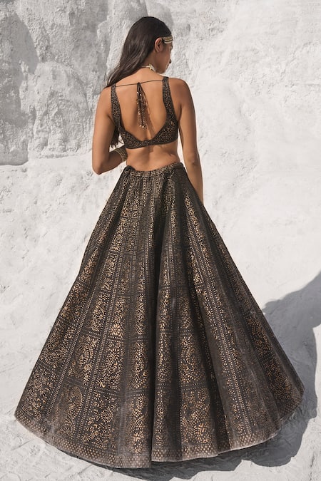 Seema Gujral Black Leather, Organza, Silk Cut Work Floral Cut-work Detail Lehenga Set Online at Aza Fashions Seema Gujral_Black Leather, Organza, Silk Cut Work Floral Cut-work Detail Lehenga Set _Online_at_Aza_Fashions