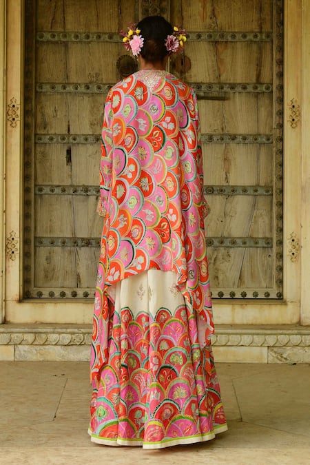 Shop Swati Vijaivargie Red Modal, Silk, Linen Embroidery Nargis Cape And Lehenga Set at Aza Fashions Shop_Swati Vijaivargie_Red Modal, Silk, Linen Embroidery Nargis Cape And Lehenga Set _at_Aza_Fashions