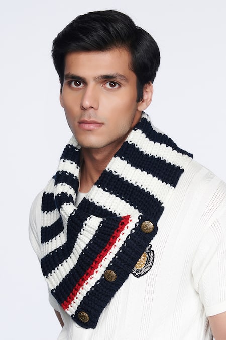 Shop_S & N By Shantnu Nikhil_Blue Striped Cravat Knitted Muffler _at_Aza_Fashions