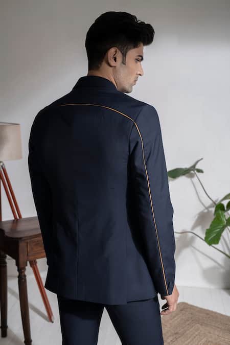 Shop Abkasa Blue Terrycloth Embroidery Hoodoos Patch Pocket Coat And Trouser Set at Aza Fashions Shop_Abkasa_Blue Terrycloth Embroidery Hoodoos Patch Pocket Coat And Trouser Set _at_Aza_Fashions