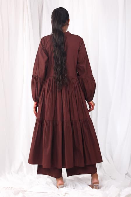 Shop Khat Maroon Poplin, Cotton Bandeau Neck Pintucked And Tiered Flared Kurta & Pant Set at Aza Fashions Shop_Khat_Maroon Poplin, Cotton Bandeau Neck Pintucked And Tiered Flared Kurta & Pant Set _at_Aza_Fashions
