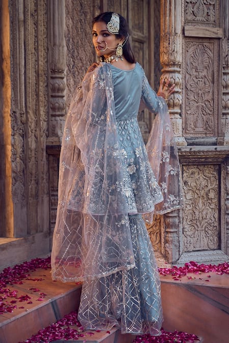 Shop_Lashkaraa_Grey Net Sequins, Zari, Embroidery V-neck Floral Kurta Gharara Set _at_Aza_Fashions