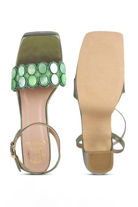 Shop Kaltheos Green Embellished Stella Cross Strap Square Toe Block Heels at Aza Fashions Shop_Kaltheos_Green Embellished Stella Cross Strap Square Toe Block Heels_at_Aza_Fashions