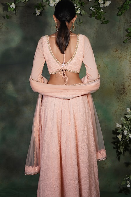 Shop Archana Kochhar Peach Georgette, Lycra, Net Cut Work, Embroidery, Beads, Lucknowi Lehenga Set at Aza Fashions Shop_Archana Kochhar_Peach Georgette, Lycra, Net Cut Work, Embroidery, Beads, Lucknowi Lehenga Set _at_Aza_Fashions