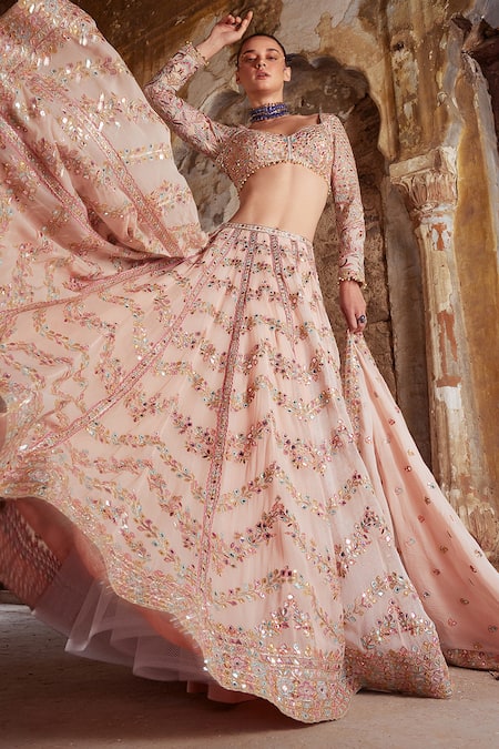 Tamanna Punjabi Kapoor Chevron Mirror Embroidered Bridal Lehenga Set 