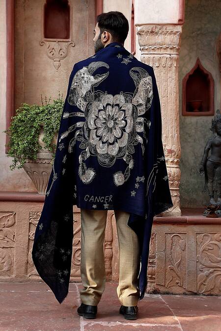 Shop Dusala Blue Embroidered Cancer Sequin Pipe Shawl at Aza Fashions Shop_Dusala_Blue Embroidered Cancer Sequin Pipe Shawl_at_Aza_Fashions