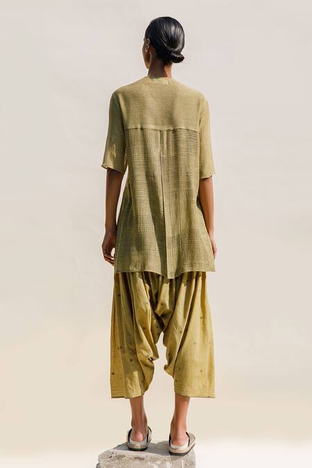 Shop_Urvashi Kaur_Yellow Silk Round Neck Vista Half Sleeve Top _at_Aza_Fashions