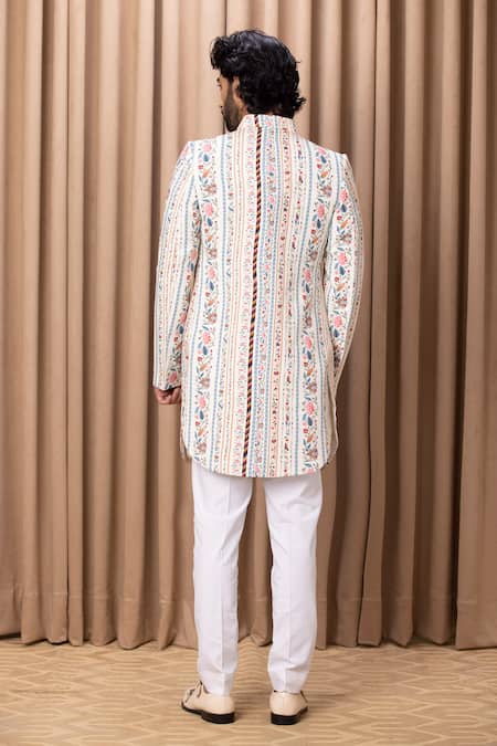 Shop Ankit V Kapoor Off White Cotton, Silk Embroidery Lakeer Floral Print Jacket And Kurta Set at Aza Fashions Shop_Ankit V Kapoor_Off White Cotton, Silk Embroidery Lakeer Floral Print Jacket And Kurta Set _at_Aza_Fashions