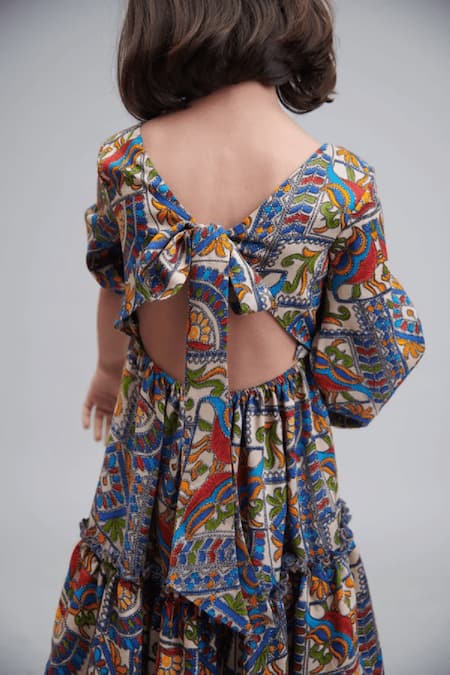 Shop_Littlecheer_Multi Color Cotton, Rayon Pom-poms Little Gypsy Floral Print Dress _at_Aza_Fashions