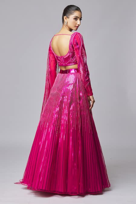 Shop_Amit Aggarwal_Fuchsia Tulle Beads, Metallic Thread Boat Neck Striped Lehenga Set _at_Aza_Fashions