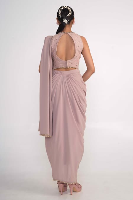 Shop_Merge Design_Pink Georgette, Crepe Beads, Embroidery Border Pre-draped Saree With Blouse _at_Aza_Fashions