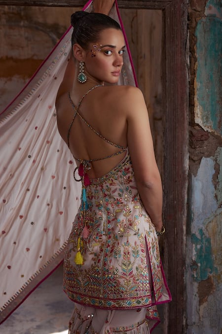 Tamanna Punjabi Kapoor Halter Neck Resham Embroidered Kurta Gharara Set 