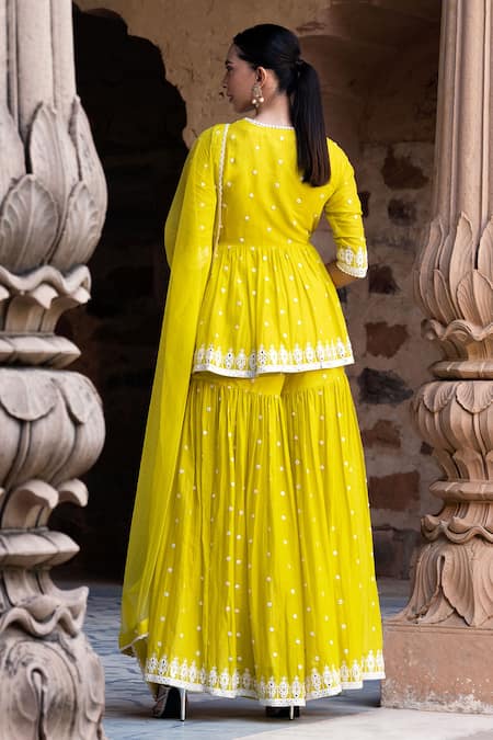 Shop_Preevin_Green Cotton, Net Mirrors, Embroidery, Triangle Thread Work Angarkha Sharara Set _at_Aza_Fashions