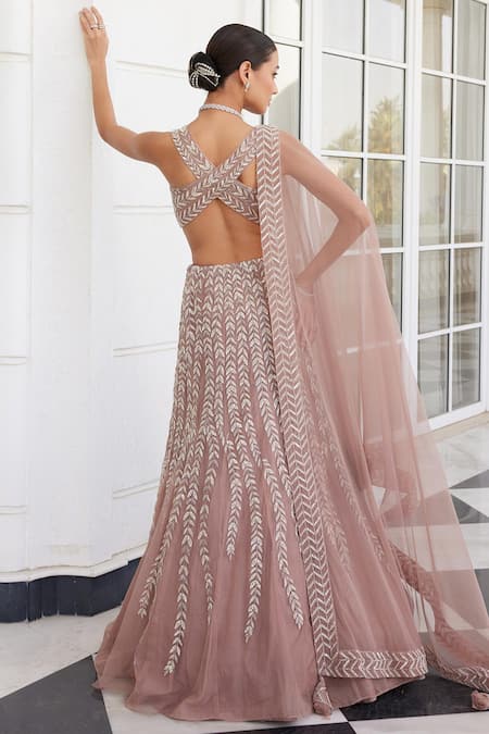 Shop_Charu And Vasundhara_Pink Net Cut Work, Sequins, Beads V-neck Sasha Leaf Pattern Bridal Lehenga Set _at_Aza_Fashions