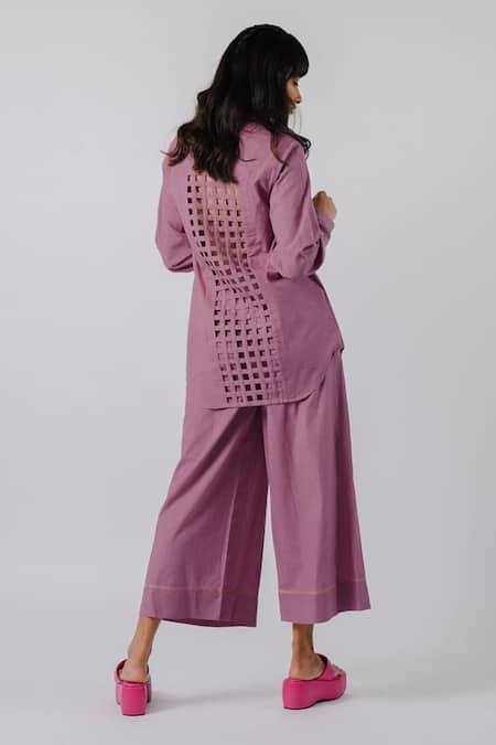 Shop Tussah By Siddhi Shah Purple Cotton Collared Solid Shirt And Pant Set at Aza Fashions Shop_Tussah By Siddhi Shah_Purple Cotton Collared Solid Shirt And Pant Set _at_Aza_Fashions