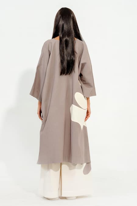 Shop_Stoique_Gray Cotton Matty Embroidery Floral V Neck Grey Tunic _at_Aza_Fashions