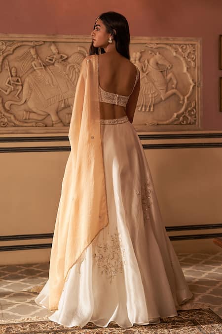 Shop_Zoon_Ivory Satin, Organza Embroidery Round Neck Aari Placement Lehenga Set _at_Aza_Fashions