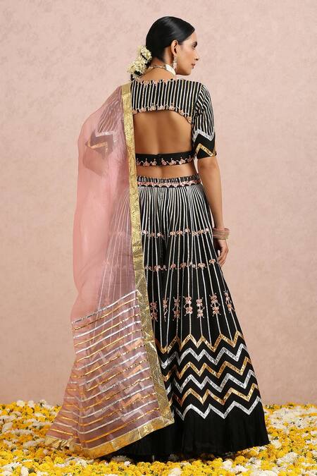 Shop_Label Nitika_Black Dupatta Organza, Madras Stripe Pattern Embroidered Lehenga Set _at_Aza_Fashions