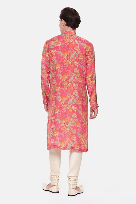 Shop Mayank Modi - Men Pink Muslin Embroidery Floral Print Kurta And Churidar Set at Aza Fashions Shop_Mayank Modi - Men_Pink Muslin Embroidery Floral Print Kurta And Churidar Set _at_Aza_Fashions