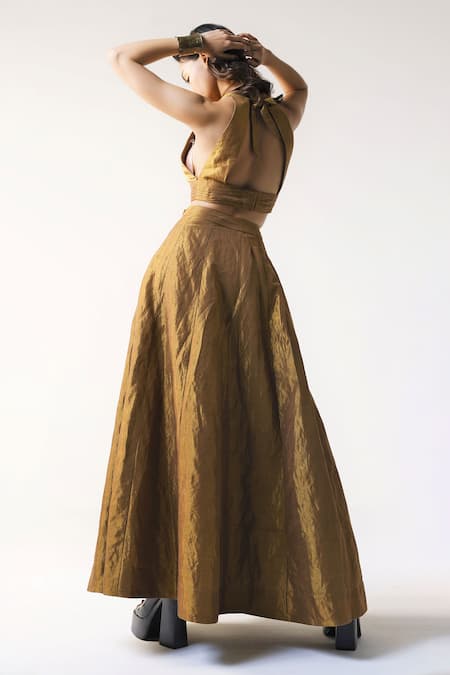 Shop_Shorshe Clothing_Gold Handloom Cotton Velvet Panelled Maxi Skirt _at_Aza_Fashions