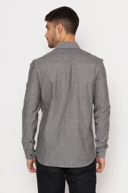 Shop Lacquer Embassy Grey Cotton Embroidery Botolph Chambray Shirt at Aza Fashions Shop_Lacquer Embassy_Grey Cotton Embroidery Botolph Chambray Shirt _at_Aza_Fashions