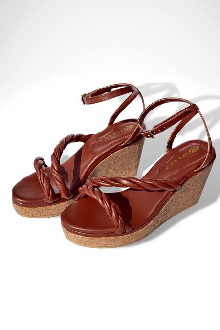 Shop Perca Brown Twisted Strap Platform Wedges at Aza Fashions Shop_Perca_Brown Twisted Strap Platform Wedges_at_Aza_Fashions