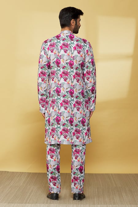 Shop MR. Ajay Kumar White Linen Printed Floral Kurta And Pant Set at Aza Fashions Shop_MR. Ajay Kumar_White Linen Printed Floral Kurta And Pant Set _at_Aza_Fashions