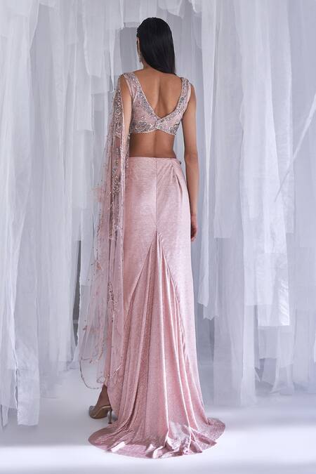 Shop_Dolly J_Peach Satin + Lycra Embellished Feathers Bonita Draped Skirt Saree With Blouse _at_Aza_Fashions