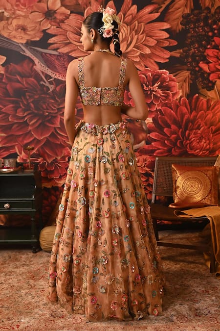Shop Moledro Peach Net, Brocade, Organza Applique, Bahaar Blooming Bridal Lehenga Set at Aza Fashions Shop_Moledro_Peach Net, Brocade, Organza Applique, Bahaar Blooming Bridal Lehenga Set _at_Aza_Fashions