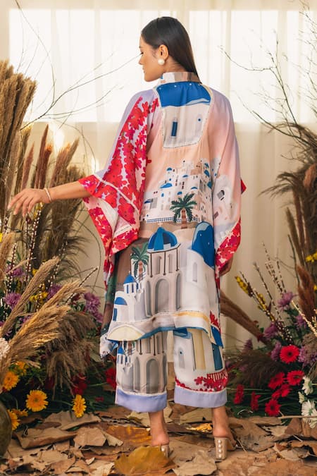 Shop_House Of Fett_Multi Color Satin City Landscape Collared Neck Oia Print Kaftan And Pant Set _at_Aza_Fashions