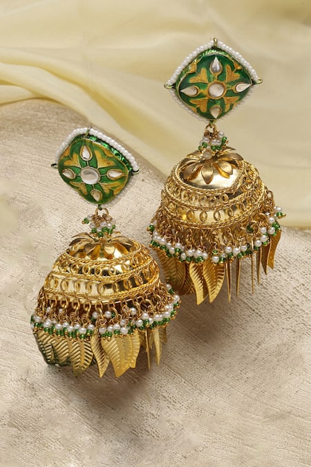 Dugran By Dugristyle Cream Pearls, Stones, Embroidery Leaf Embellished Jhumkas 