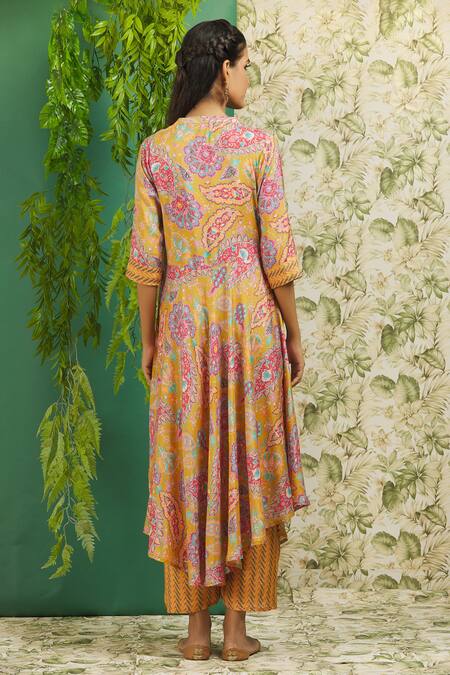 Shop Samyukta Singhania Yellow Muslin Sequins, Embroidery Mandarin Collar Floral Print Jacket And Pant Set at Aza Fashions Shop_Samyukta Singhania_Yellow Muslin Sequins, Embroidery Mandarin Collar Floral Print Jacket And Pant Set_at_Aza_Fashions