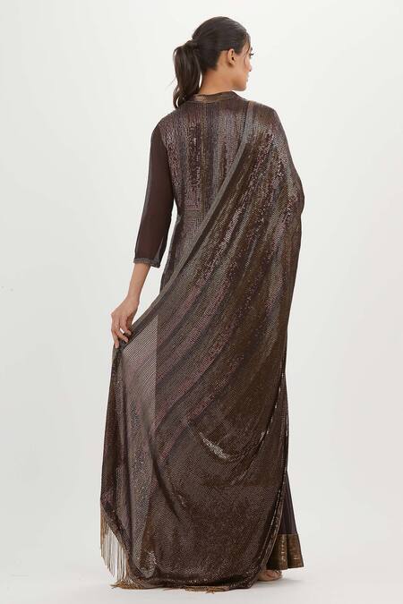 Shop Nakul Sen Brown Chiffon Sequins, Embroidery Mandarin Collar Long Kurta Palazzo Set at Aza Fashions Shop_Nakul Sen_Brown Chiffon Sequins, Embroidery Mandarin Collar Long Kurta Palazzo Set_at_Aza_Fashions